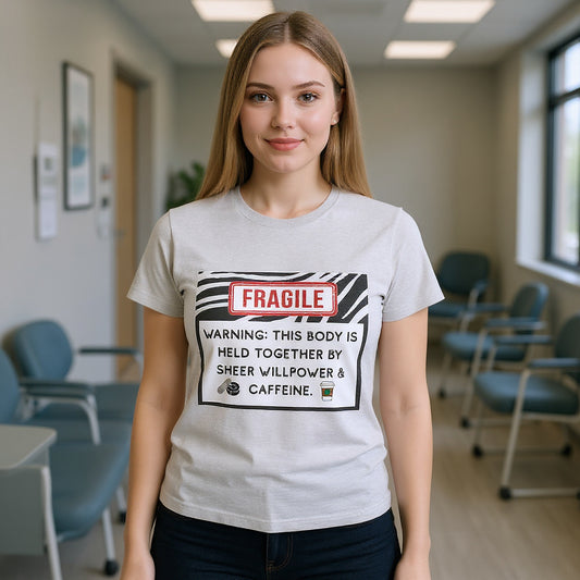 Warning: This Body is Held Together by Sheer Willpower & Caffeine – Snarky EDS/Zebra Warrior T-Shirt