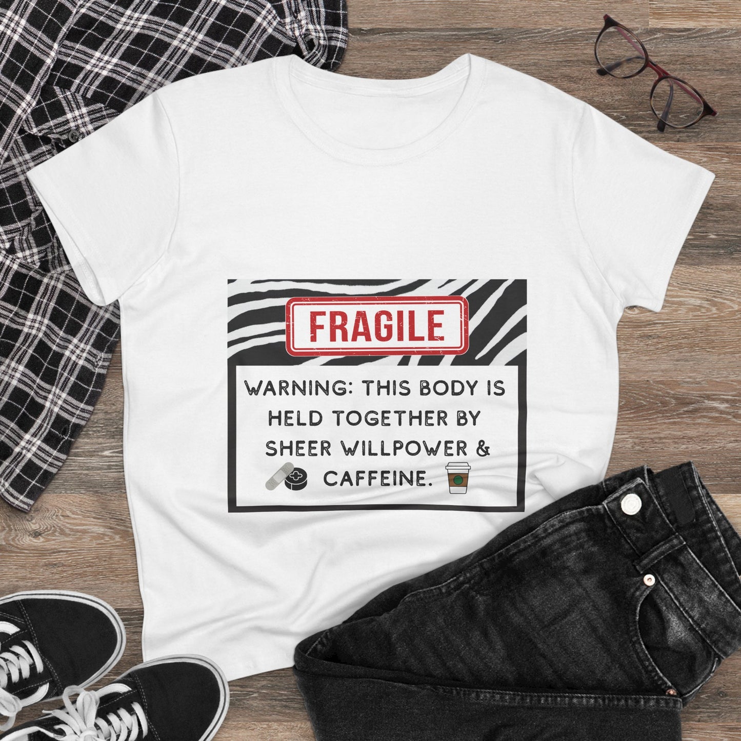 Warning: This Body is Held Together by Sheer Willpower & Caffeine – Snarky EDS/Zebra Warrior T-Shirt